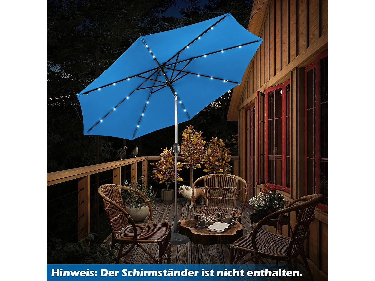 Parasol 300 cm met led-verlichting, parasolvoet niet inbegrepen, tuinparasol met zwengel, aan beide zijden 30° knikbaar, terrasparasol met 8 ribben (blauw) ZB33616