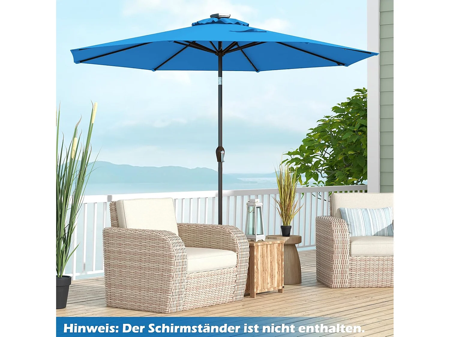 Parasol 300 cm met led-verlichting, parasolvoet niet inbegrepen, tuinparasol met zwengel, aan beide zijden 30° knikbaar, terrasparasol met 8 ribben (blauw) ZB33616