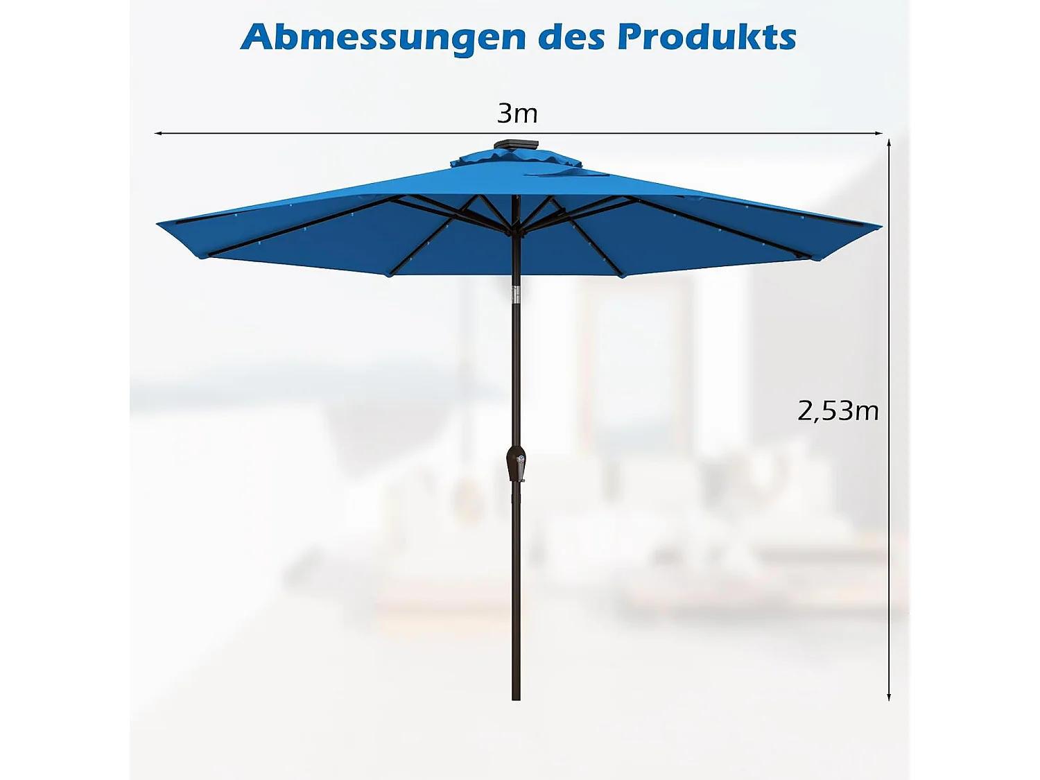 Parasol 300 cm met led-verlichting, parasolvoet niet inbegrepen, tuinparasol met zwengel, aan beide zijden 30° knikbaar, terrasparasol met 8 ribben (blauw) ZB33616