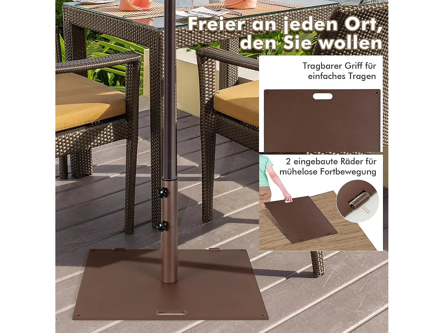 Parasolstandaard, parasolstandaard met 2 geïntegreerde wielen en draaggreep, vierkant parasolgewicht voor parasolstangen van 40/50 mm,21,5 kg, parasolvoet