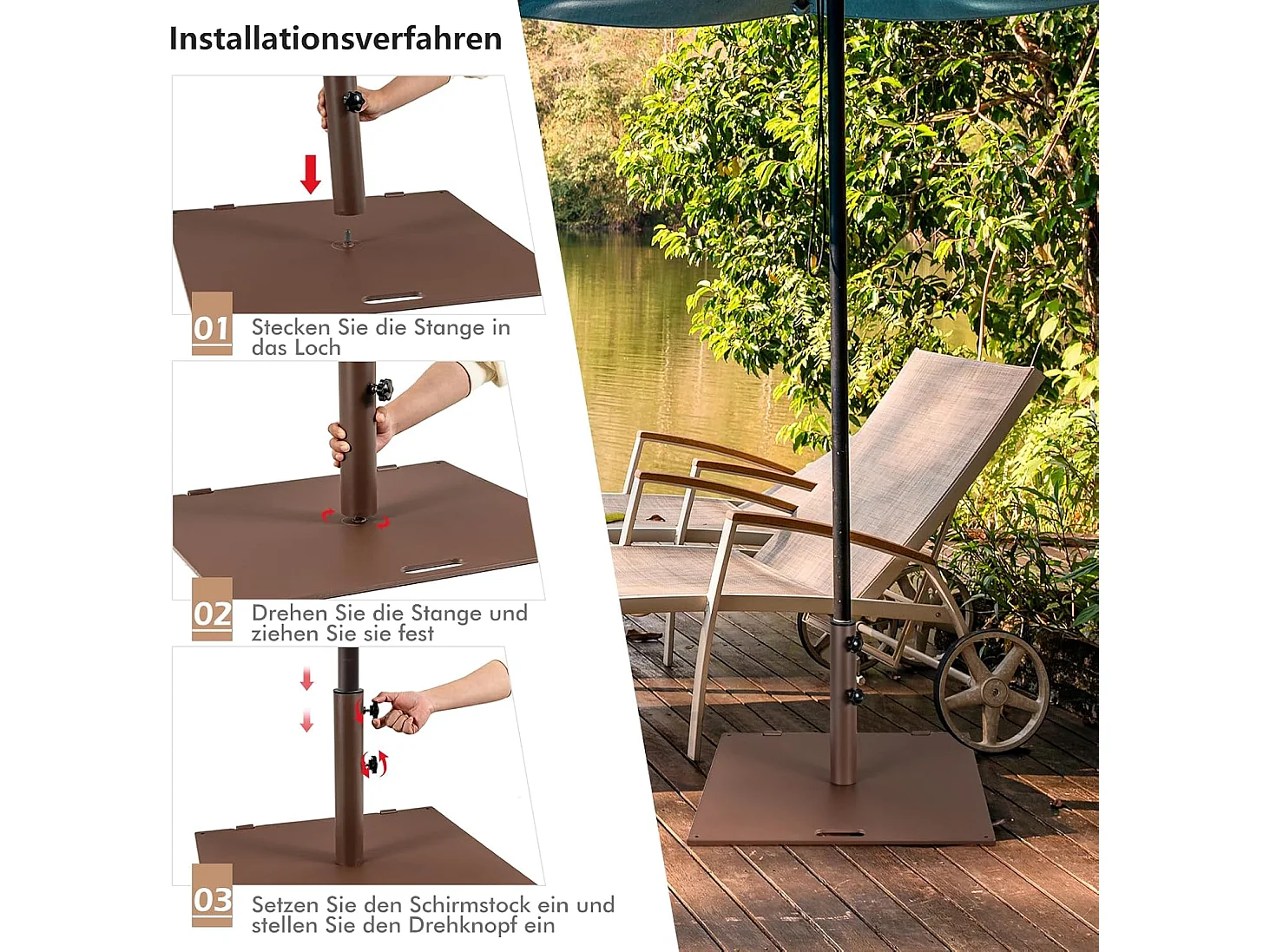 Parasolstandaard, parasolstandaard met 2 geïntegreerde wielen en draaggreep, vierkant parasolgewicht voor parasolstangen van 40/50 mm,21,5 kg, parasolvoet