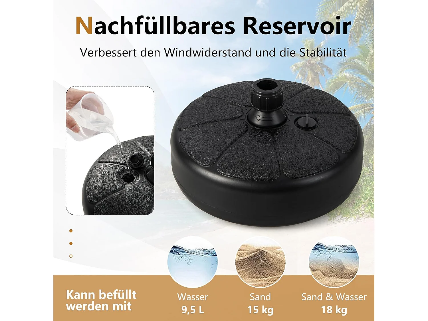 Parasolstandaard vulbaar, parasolstandaard voor parasolstangen van 38 mm, Ø 37 cm, marktparasolstandaard, parasolstandaard voor balkon, tuin