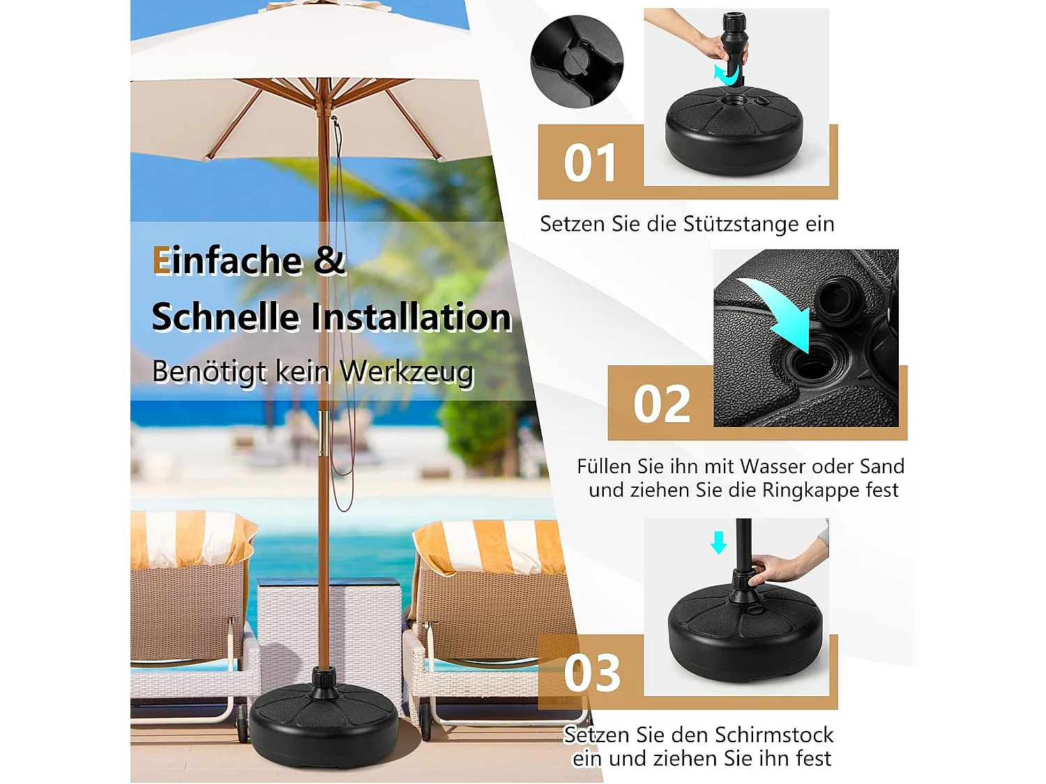 Parasolstandaard vulbaar, parasolstandaard voor parasolstangen van 38 mm, Ø 37 cm, marktparasolstandaard, parasolstandaard voor balkon, tuin