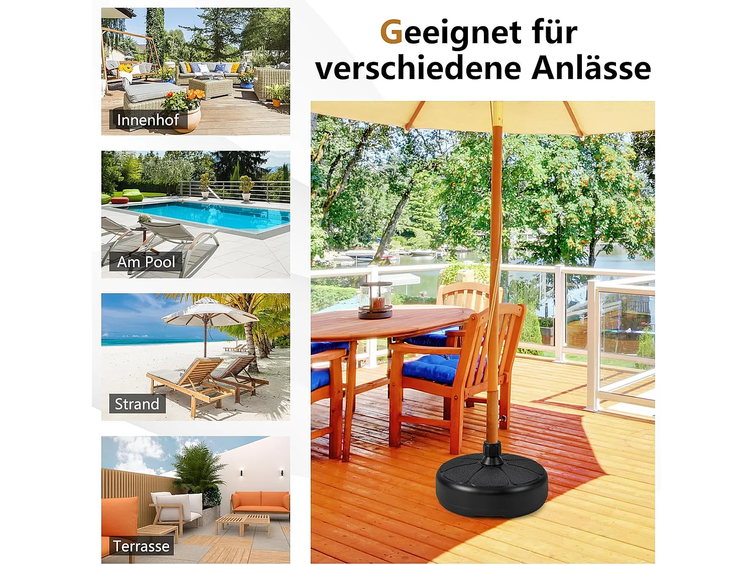 Parasolstandaard vulbaar, parasolstandaard voor parasolstangen van 38 mm, Ø 37 cm, marktparasolstandaard, parasolstandaard voor balkon, tuin