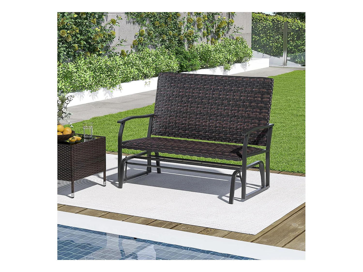 Tuinbank van polyrotan, weerbestendige schommelbank met zachte glijbeweging en comfortabele katoenen vulling, 2-zitbank, belastbaar tot 360 kg, ZB33614