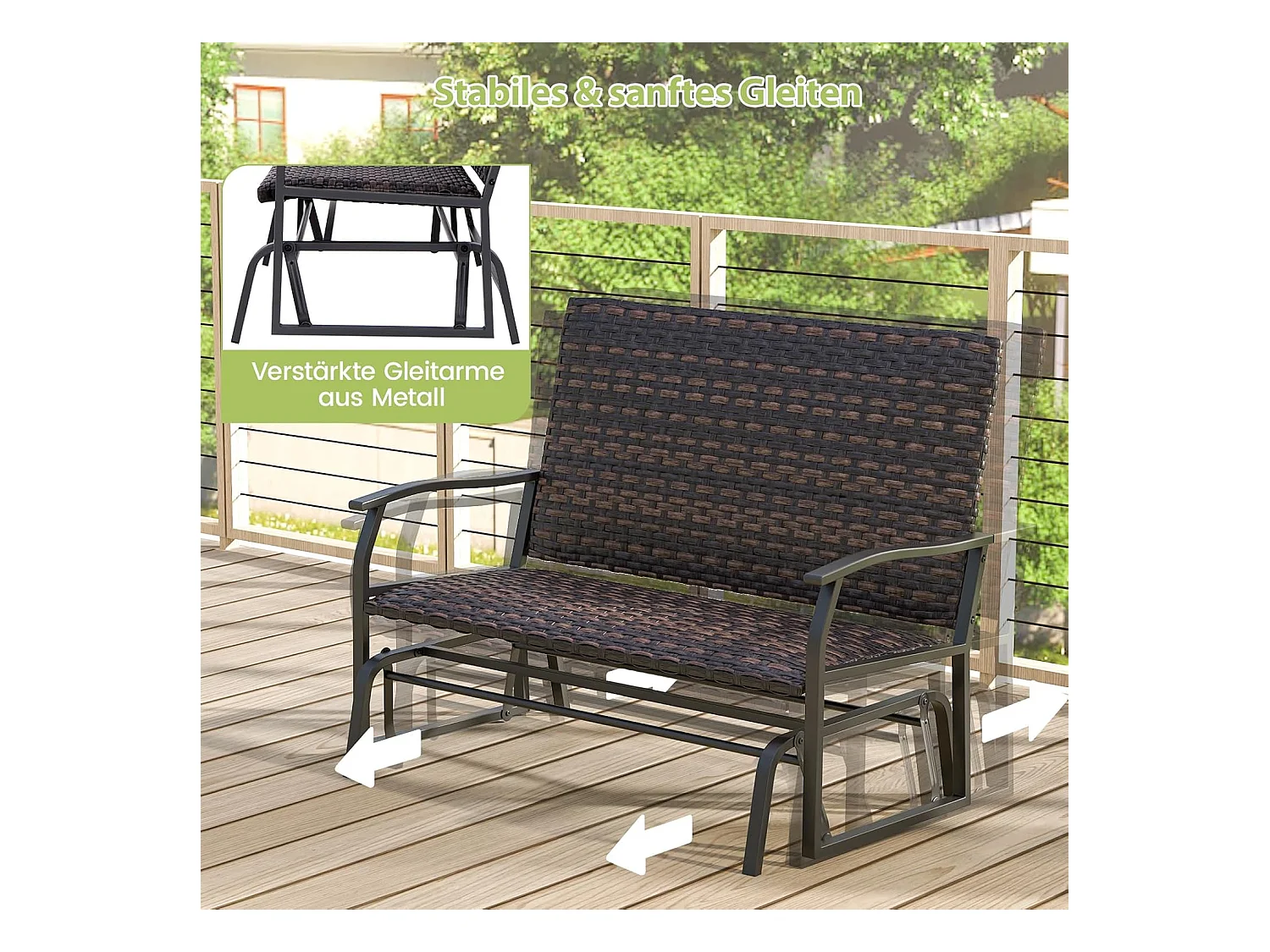 Tuinbank van polyrotan, weerbestendige schommelbank met zachte glijbeweging en comfortabele katoenen vulling, 2-zitbank, belastbaar tot 360 kg, ZB33614