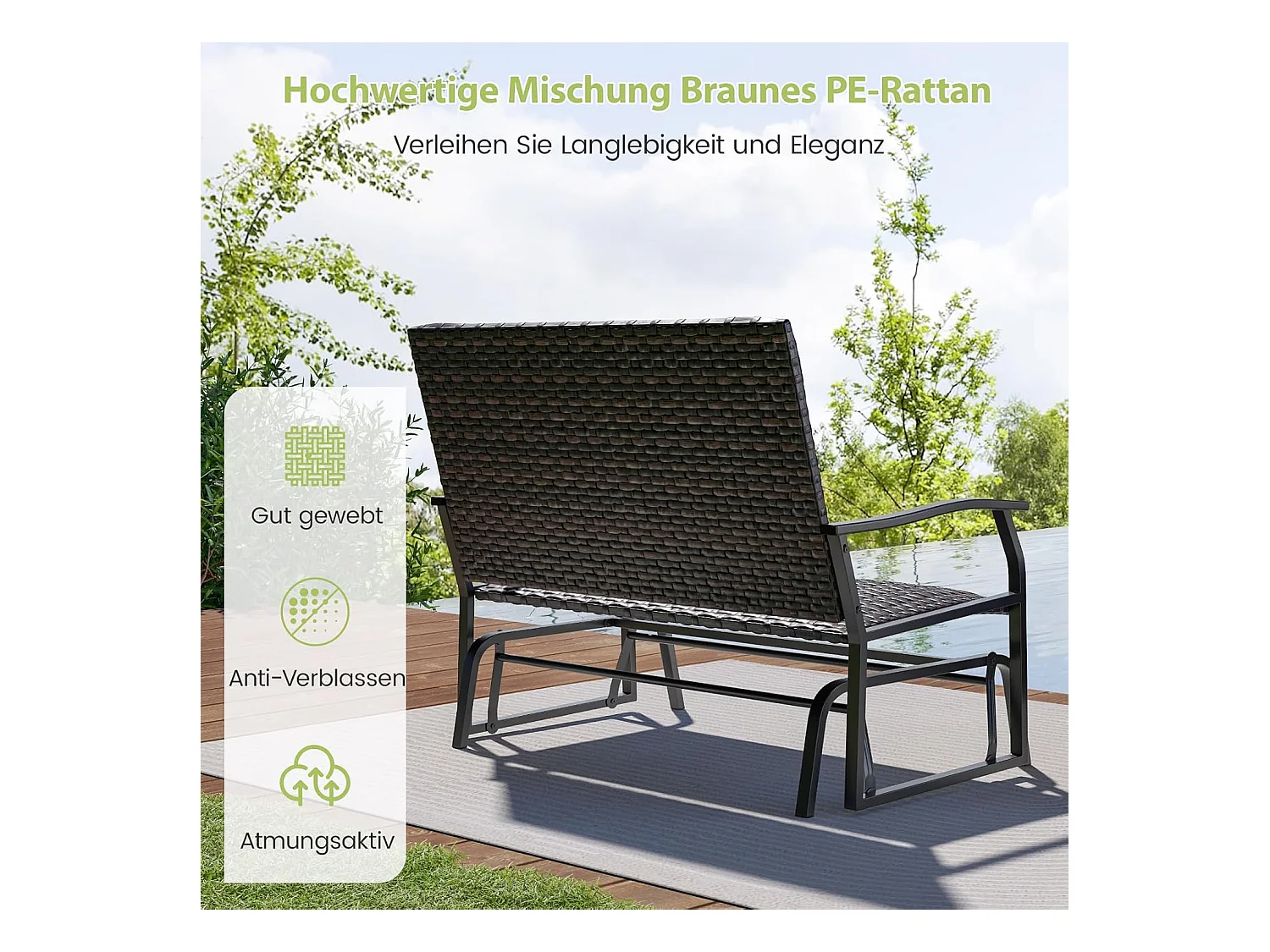 Tuinbank van polyrotan, weerbestendige schommelbank met zachte glijbeweging en comfortabele katoenen vulling, 2-zitbank, belastbaar tot 360 kg, ZB33614