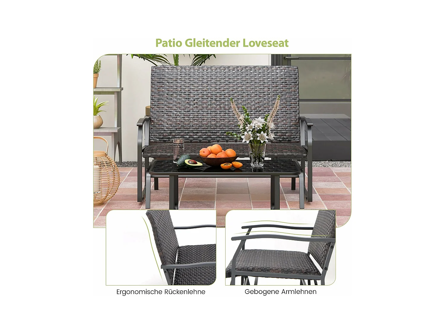 Tuinbank van polyrotan, weerbestendige schommelbank met zachte glijbeweging en comfortabele katoenen vulling, 2-zitbank, belastbaar tot 360 kg, ZB33614