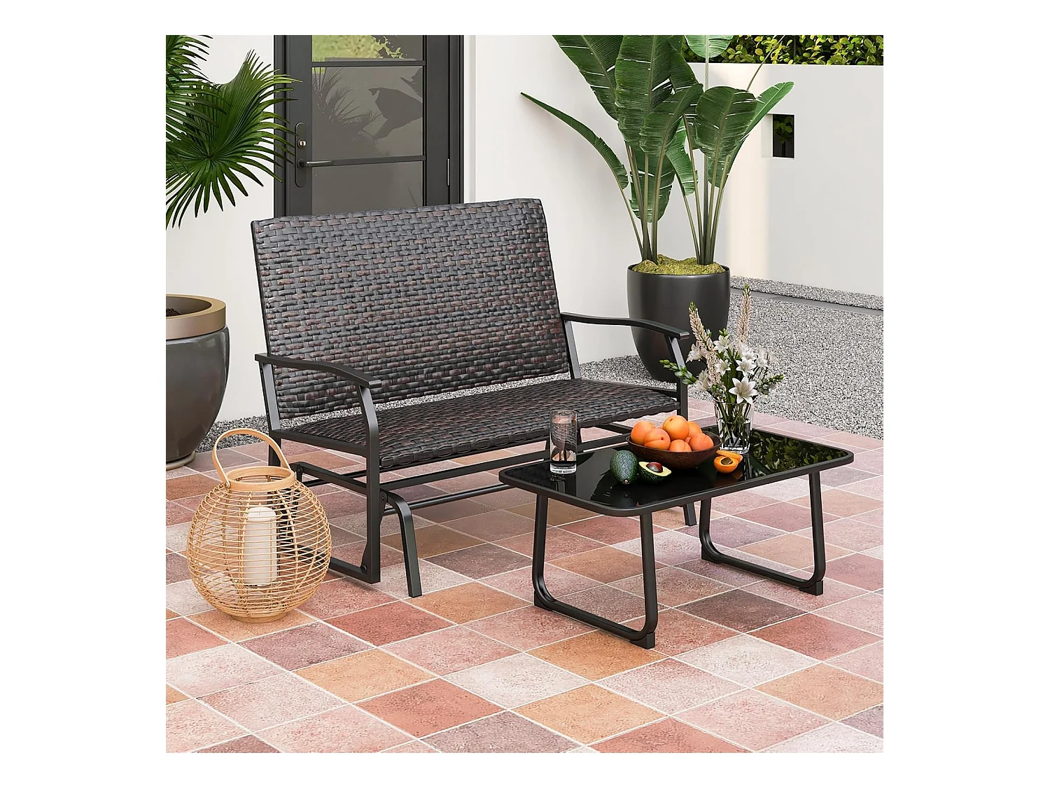 Tuinbank van polyrotan, weerbestendige schommelbank met zachte glijbeweging en comfortabele katoenen vulling, 2-zitbank, belastbaar tot 360 kg, ZB33614