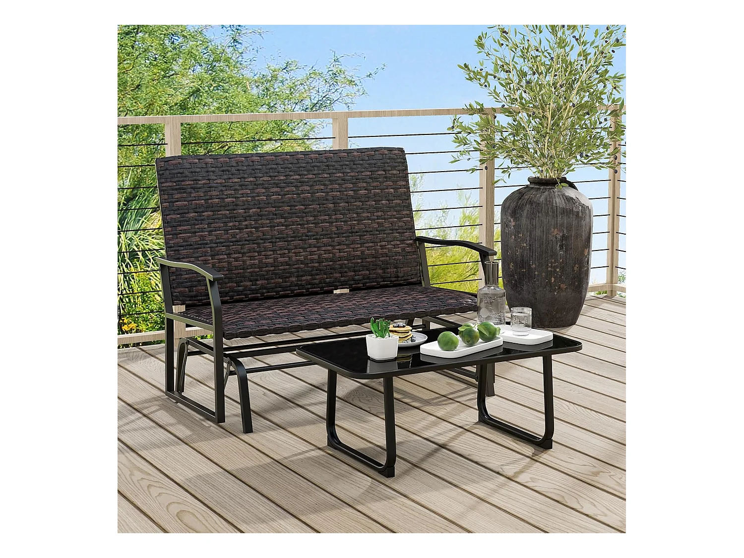 Tuinbank van polyrotan, weerbestendige schommelbank met zachte glijbeweging en comfortabele katoenen vulling, 2-zitbank, belastbaar tot 360 kg, ZB33614