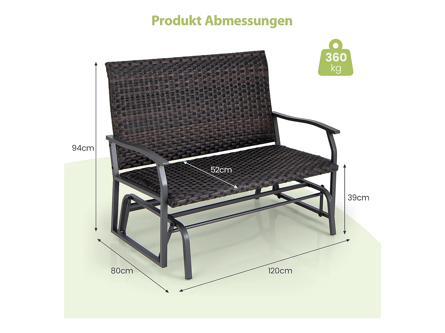 Tuinbank van polyrotan, weerbestendige schommelbank met zachte glijbeweging en comfortabele katoenen vulling, 2-zitbank, belastbaar tot 360 kg, ZB33614