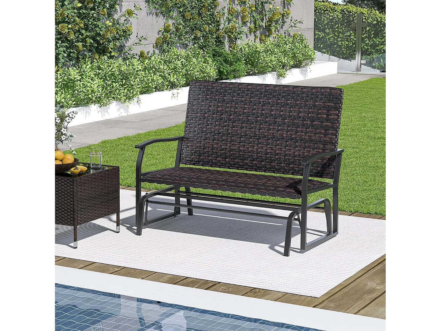 Tuinbank van polyrotan, weerbestendige schommelbank met zachte glijbeweging en comfortabele katoenen vulling, 2-zitbank, belastbaar tot 360 kg, ZB33614