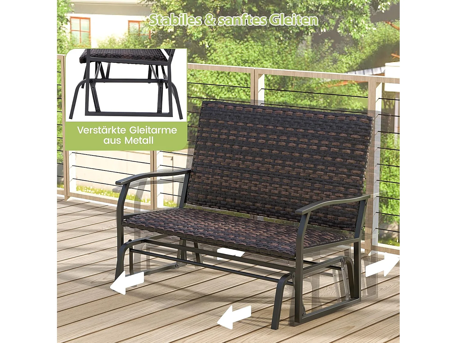 Tuinbank van polyrotan, weerbestendige schommelbank met zachte glijbeweging en comfortabele katoenen vulling, 2-zitbank, belastbaar tot 360 kg, ZB33614