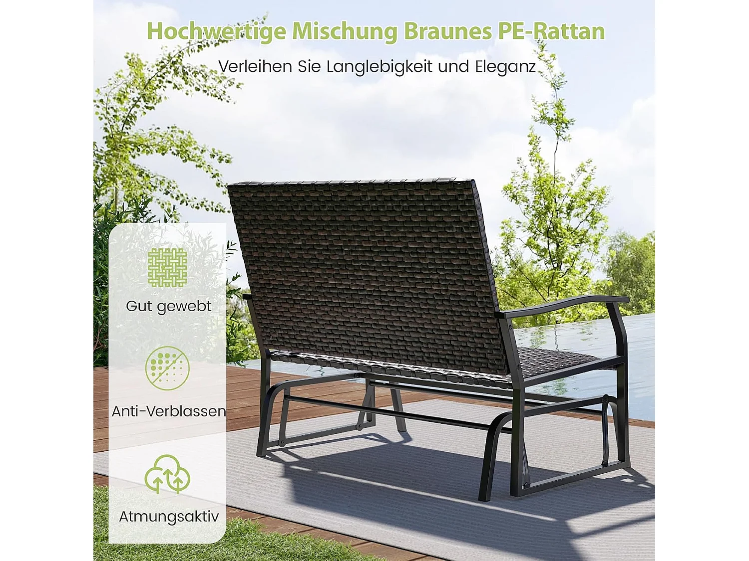 Tuinbank van polyrotan, weerbestendige schommelbank met zachte glijbeweging en comfortabele katoenen vulling, 2-zitbank, belastbaar tot 360 kg, ZB33614