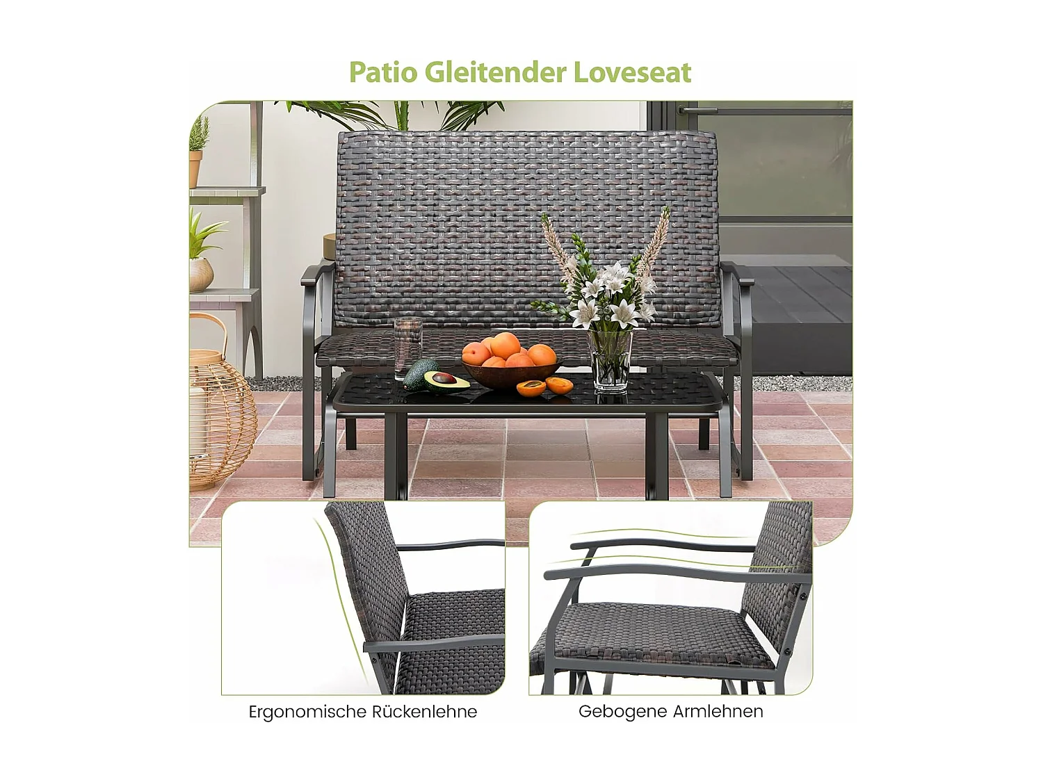 Tuinbank van polyrotan, weerbestendige schommelbank met zachte glijbeweging en comfortabele katoenen vulling, 2-zitbank, belastbaar tot 360 kg, ZB33614