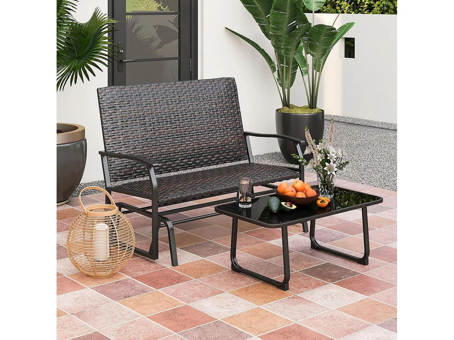 Tuinbank van polyrotan, weerbestendige schommelbank met zachte glijbeweging en comfortabele katoenen vulling, 2-zitbank, belastbaar tot 360 kg, ZB33614