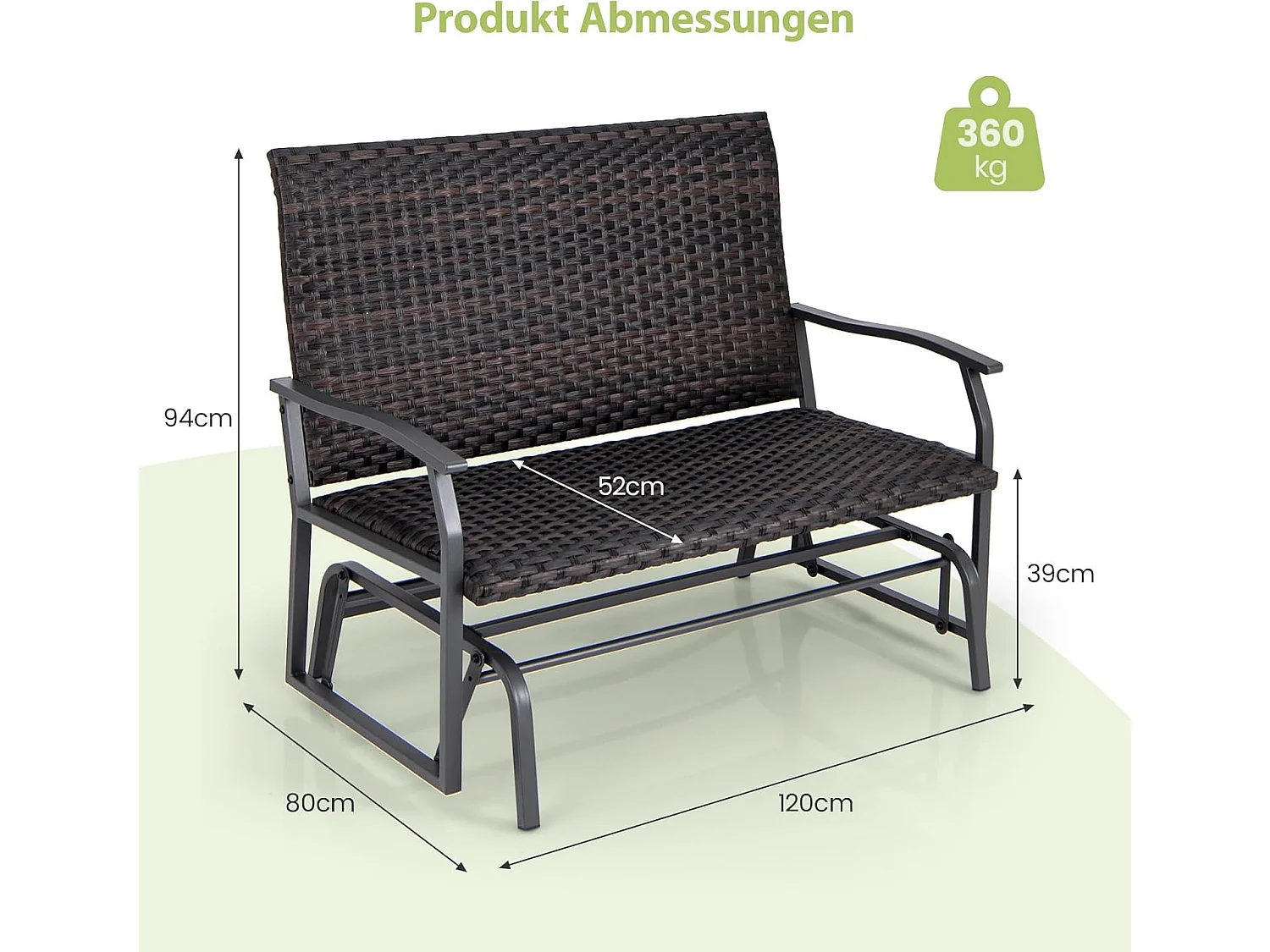 Tuinbank van polyrotan, weerbestendige schommelbank met zachte glijbeweging en comfortabele katoenen vulling, 2-zitbank, belastbaar tot 360 kg, ZB33614