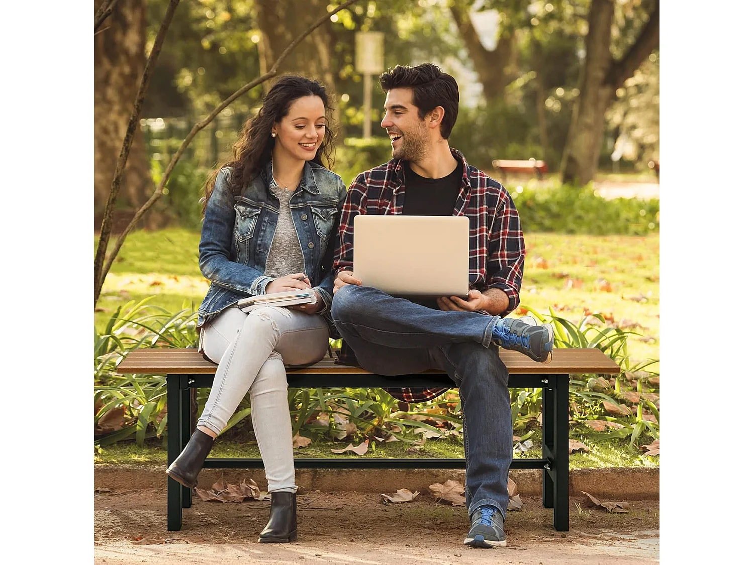 Tuinbank, weerbestendig, 2-zitsbank, tot 300 kg belastbaar, all-weather parkbank van HDPE, terrasbank zonder rugleuning 120 x 36 x 40,5 cm (bruin) ZB33351