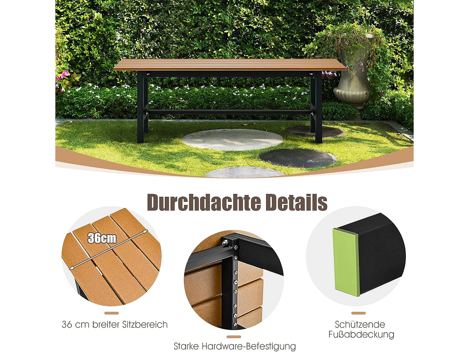 Tuinbank, weerbestendig, 2-zitsbank, tot 300 kg belastbaar, all-weather parkbank van HDPE, terrasbank zonder rugleuning 120 x 36 x 40,5 cm (bruin) ZB33351