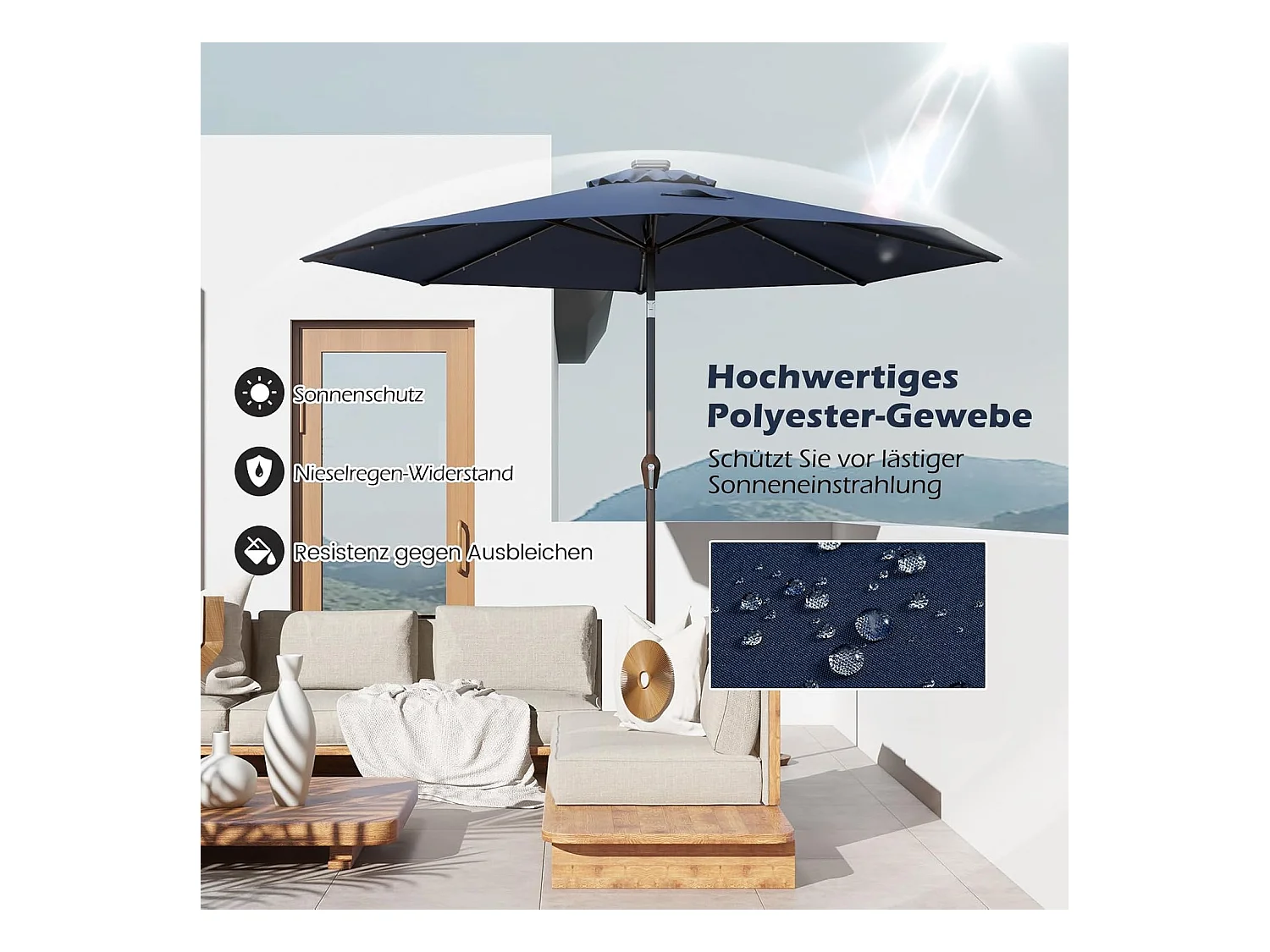 Parasol 300 cm met led-verlichting, parasolvoet niet inbegrepen, aan beide zijden 30° knikbaar, terrasparasol met 8 ribben, marktscherm (donkerblauw) ZB33616