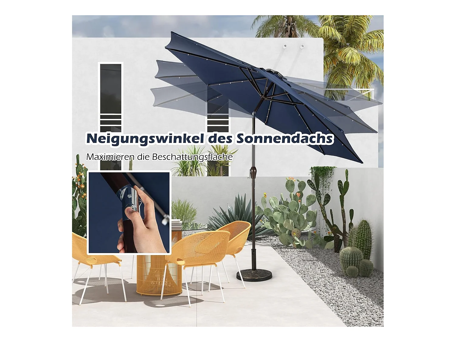 Parasol 300 cm met led-verlichting, parasolvoet niet inbegrepen, aan beide zijden 30° knikbaar, terrasparasol met 8 ribben, marktscherm (donkerblauw) ZB33616