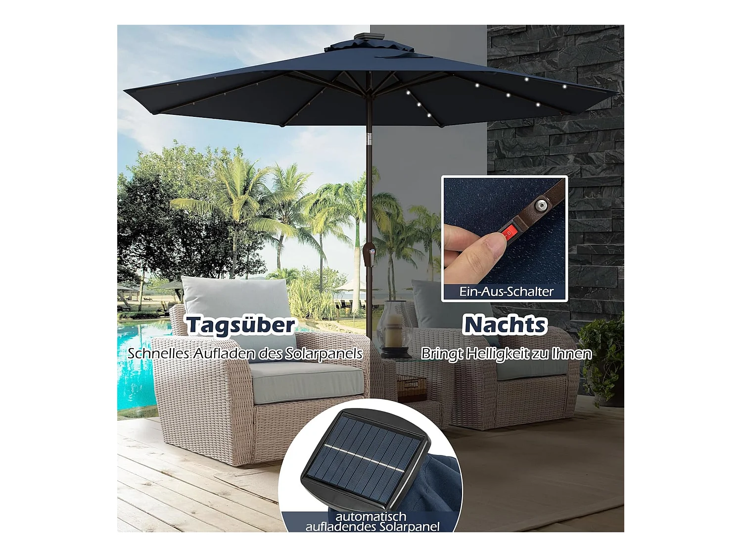 Parasol 300 cm met led-verlichting, parasolvoet niet inbegrepen, aan beide zijden 30° knikbaar, terrasparasol met 8 ribben, marktscherm (donkerblauw) ZB33616