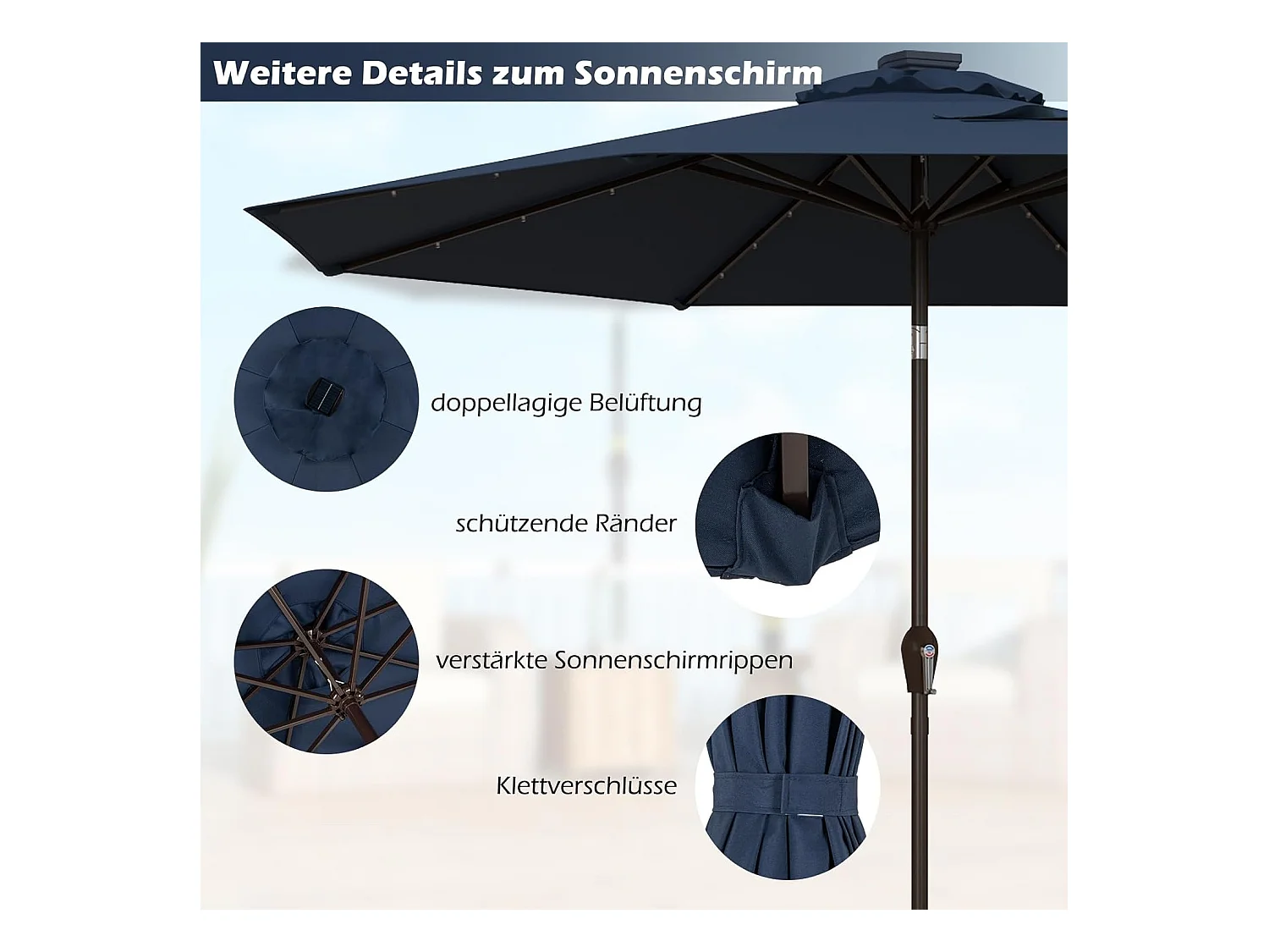 Parasol 300 cm met led-verlichting, parasolvoet niet inbegrepen, aan beide zijden 30° knikbaar, terrasparasol met 8 ribben, marktscherm (donkerblauw) ZB33616