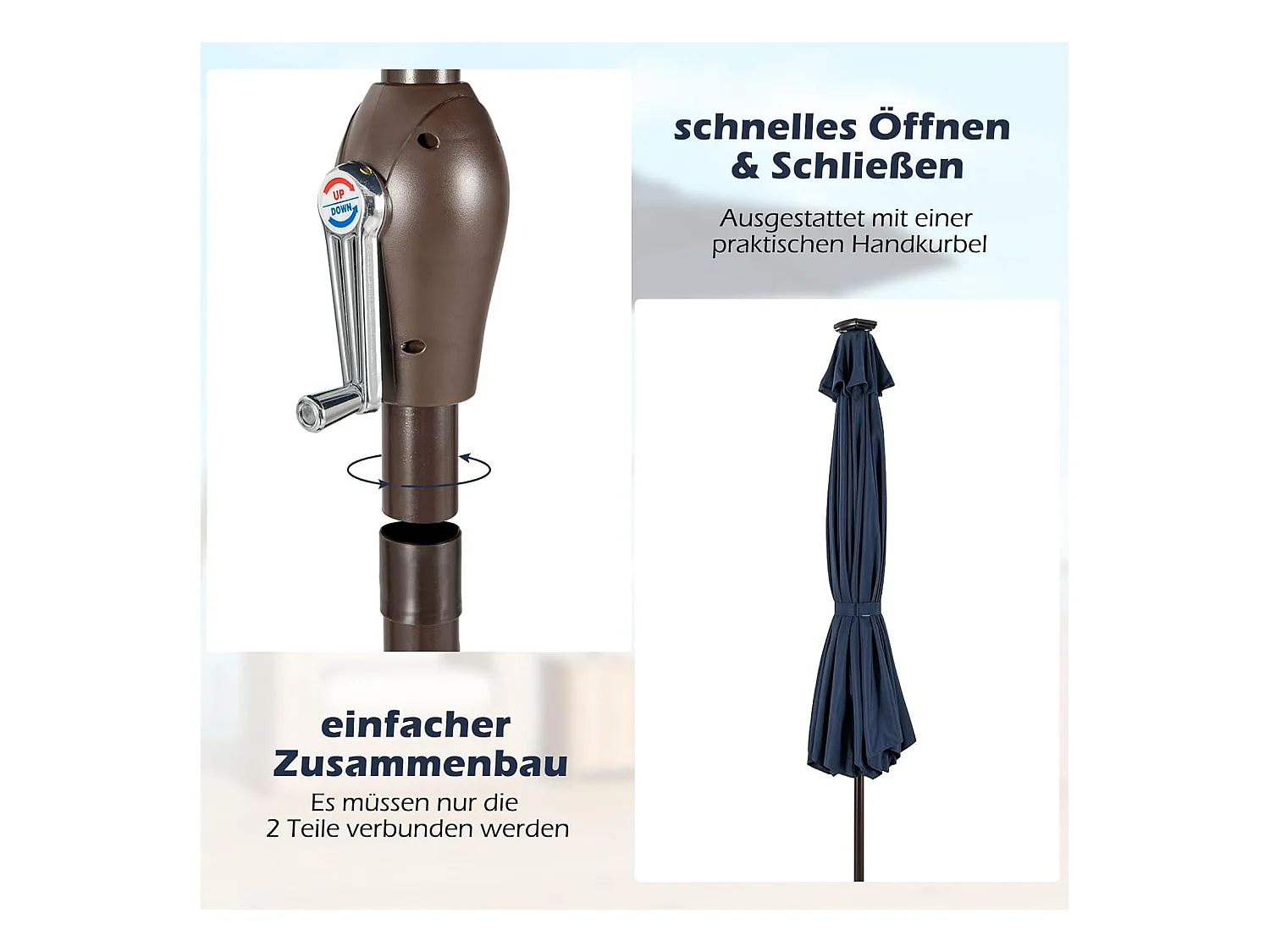 Parasol 300 cm met led-verlichting, parasolvoet niet inbegrepen, aan beide zijden 30° knikbaar, terrasparasol met 8 ribben, marktscherm (donkerblauw) ZB33616