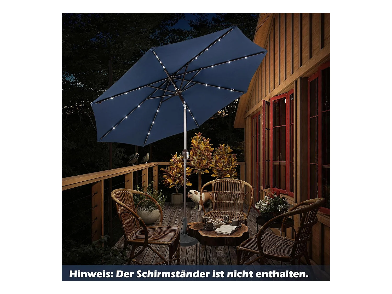 Parasol 300 cm met led-verlichting, parasolvoet niet inbegrepen, aan beide zijden 30° knikbaar, terrasparasol met 8 ribben, marktscherm (donkerblauw) ZB33616