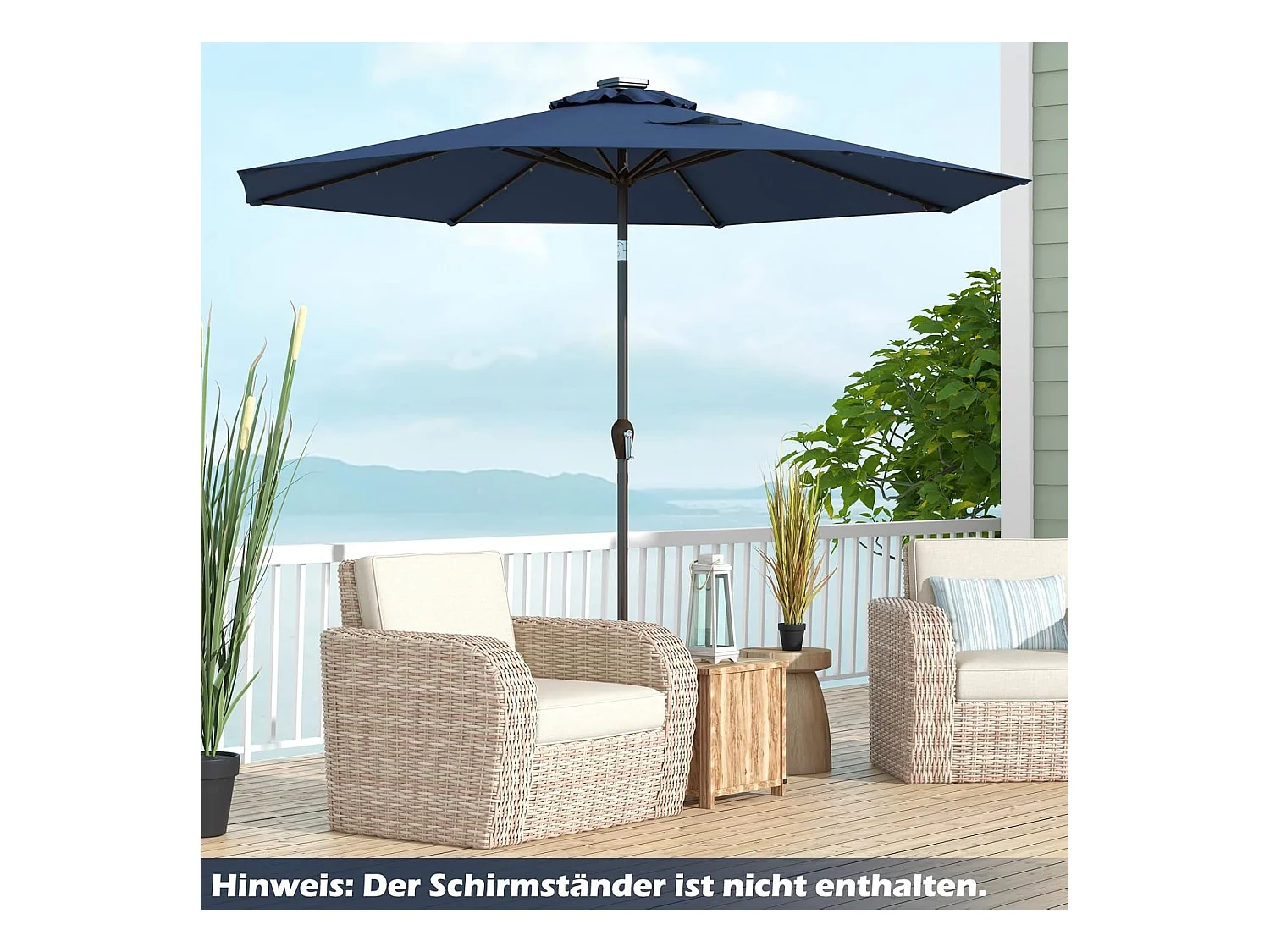 Parasol 300 cm met led-verlichting, parasolvoet niet inbegrepen, aan beide zijden 30° knikbaar, terrasparasol met 8 ribben, marktscherm (donkerblauw) ZB33616