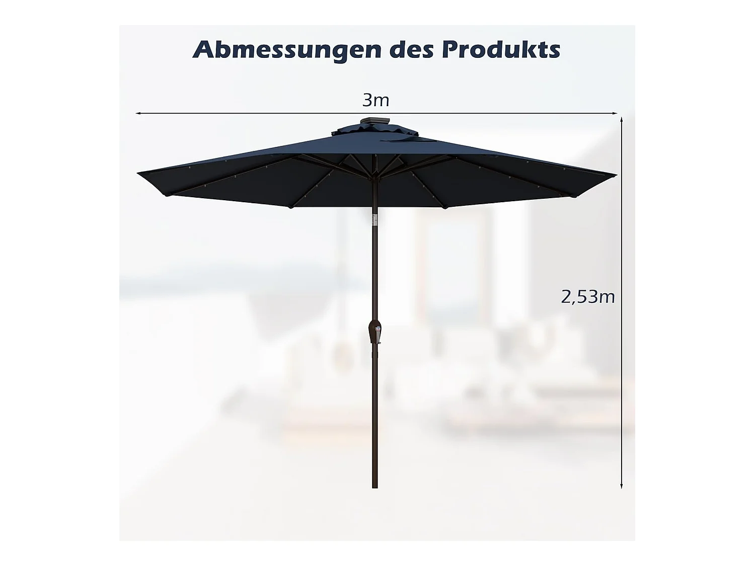 Parasol 300 cm met led-verlichting, parasolvoet niet inbegrepen, aan beide zijden 30° knikbaar, terrasparasol met 8 ribben, marktscherm (donkerblauw) ZB33616