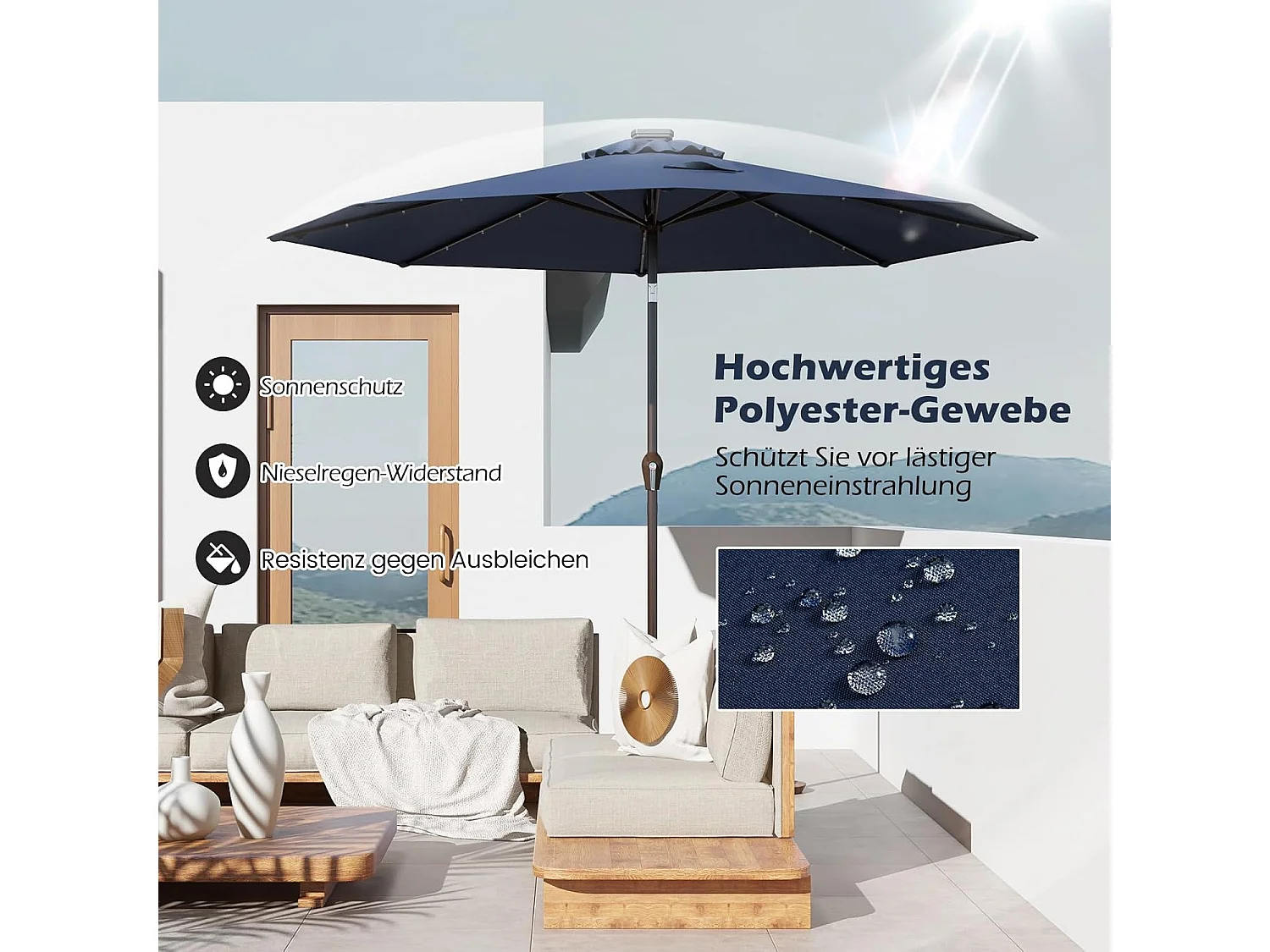 Parasol 300 cm met led-verlichting, parasolvoet niet inbegrepen, aan beide zijden 30° knikbaar, terrasparasol met 8 ribben, marktscherm (donkerblauw) ZB33616