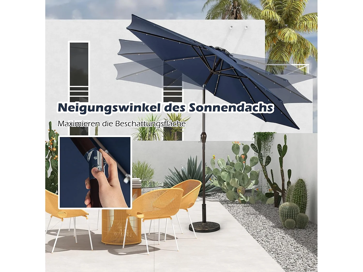 Parasol 300 cm met led-verlichting, parasolvoet niet inbegrepen, aan beide zijden 30° knikbaar, terrasparasol met 8 ribben, marktscherm (donkerblauw) ZB33616