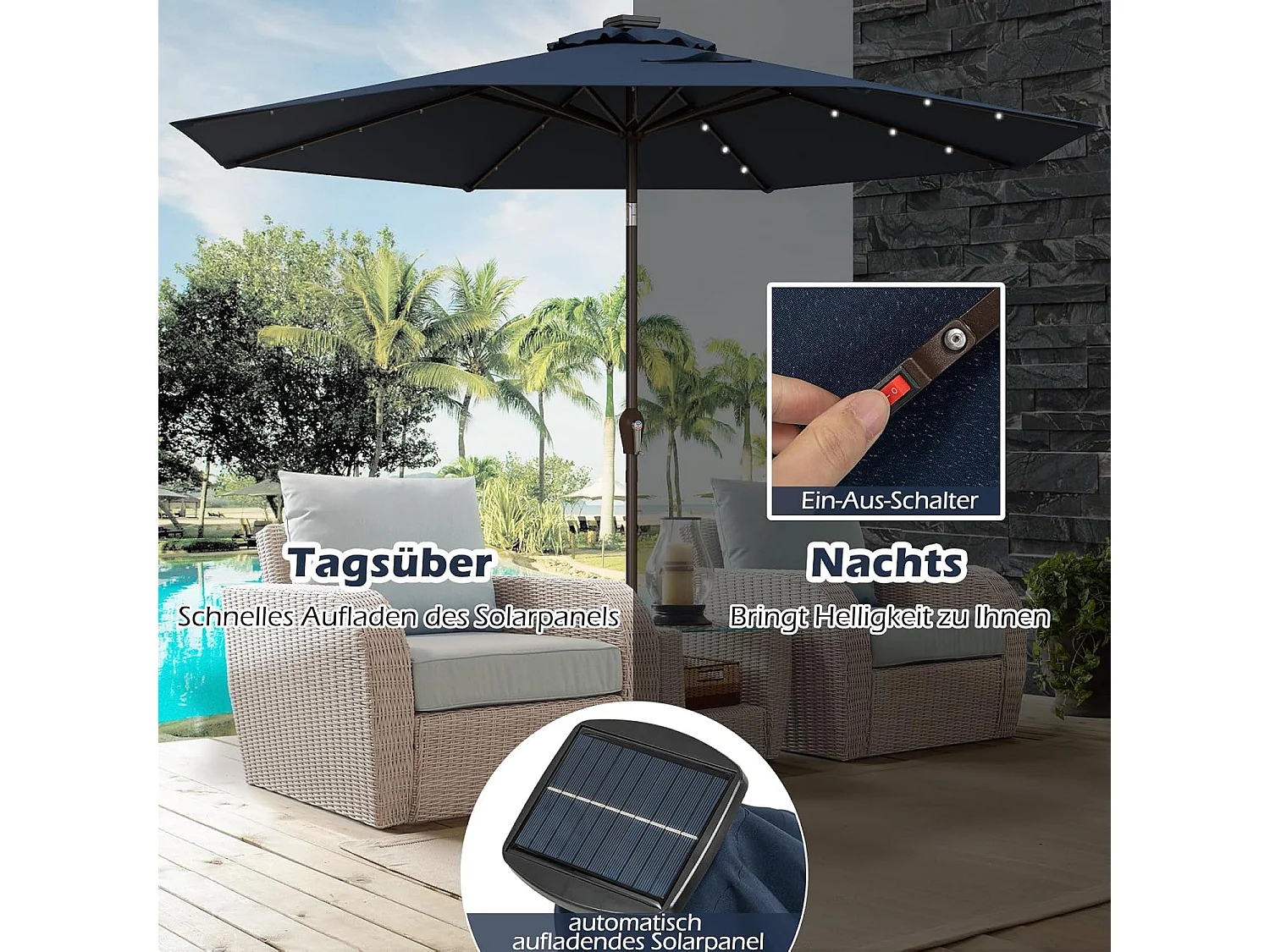 Parasol 300 cm met led-verlichting, parasolvoet niet inbegrepen, aan beide zijden 30° knikbaar, terrasparasol met 8 ribben, marktscherm (donkerblauw) ZB33616