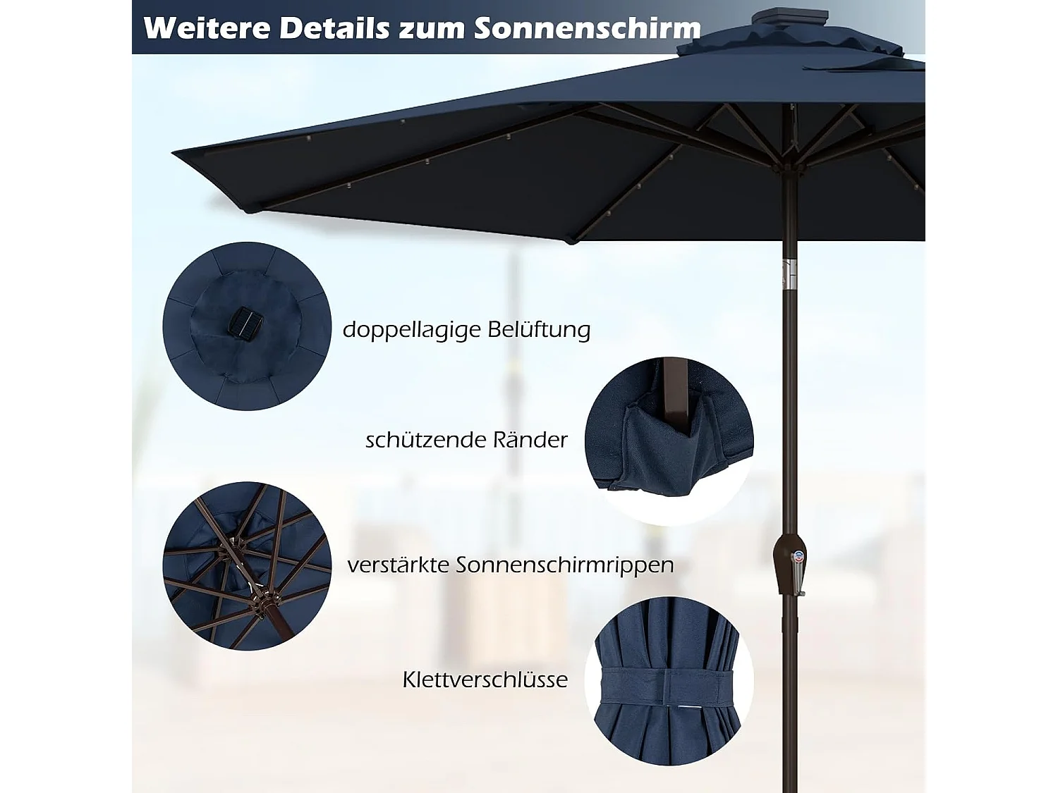 Parasol 300 cm met led-verlichting, parasolvoet niet inbegrepen, aan beide zijden 30° knikbaar, terrasparasol met 8 ribben, marktscherm (donkerblauw) ZB33616