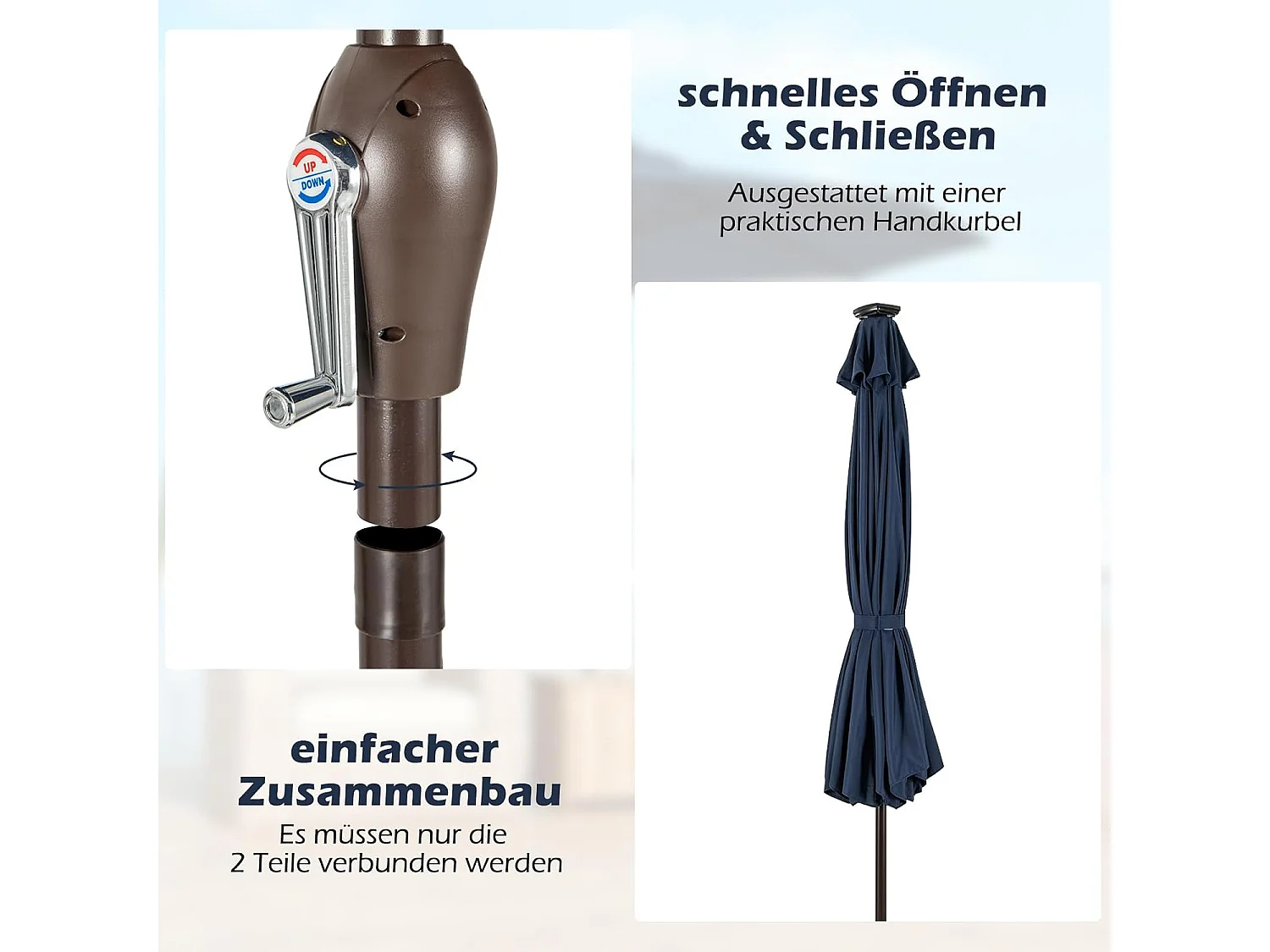 Parasol 300 cm met led-verlichting, parasolvoet niet inbegrepen, aan beide zijden 30° knikbaar, terrasparasol met 8 ribben, marktscherm (donkerblauw) ZB33616