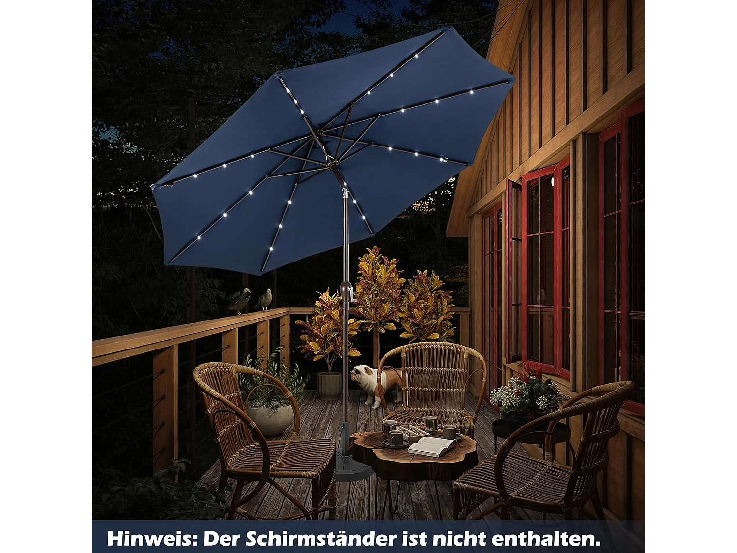 Parasol 300 cm met led-verlichting, parasolvoet niet inbegrepen, aan beide zijden 30° knikbaar, terrasparasol met 8 ribben, marktscherm (donkerblauw) ZB33616