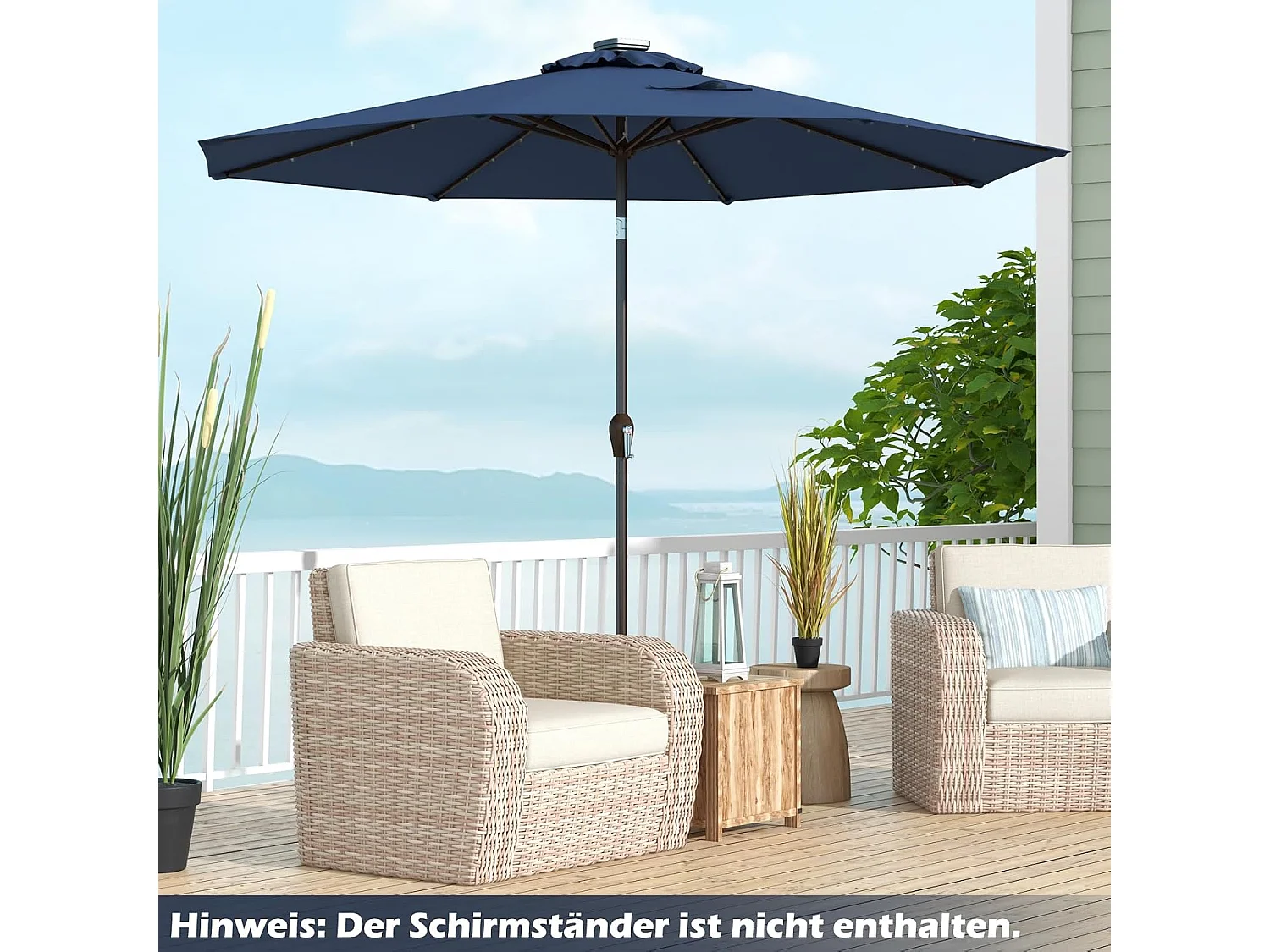 Parasol 300 cm met led-verlichting, parasolvoet niet inbegrepen, aan beide zijden 30° knikbaar, terrasparasol met 8 ribben, marktscherm (donkerblauw) ZB33616