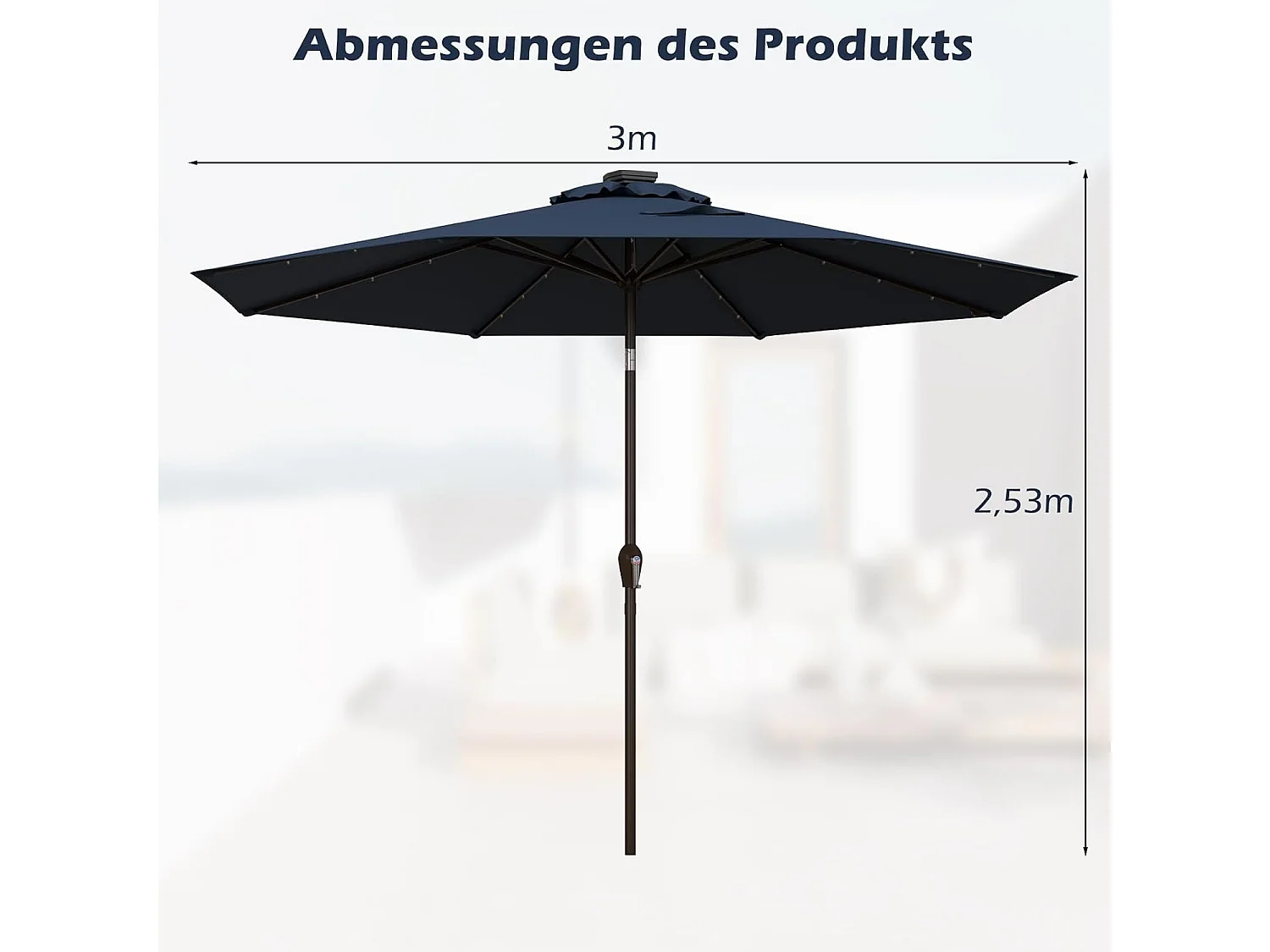 Parasol 300 cm met led-verlichting, parasolvoet niet inbegrepen, aan beide zijden 30° knikbaar, terrasparasol met 8 ribben, marktscherm (donkerblauw) ZB33616