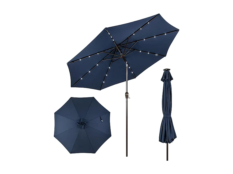 Parasol 300 cm met led-verlichting, parasolvoet niet inbegrepen, aan beide zijden 30° knikbaar, terrasparasol met 8 ribben, marktscherm (donkerblauw) ZB33616
