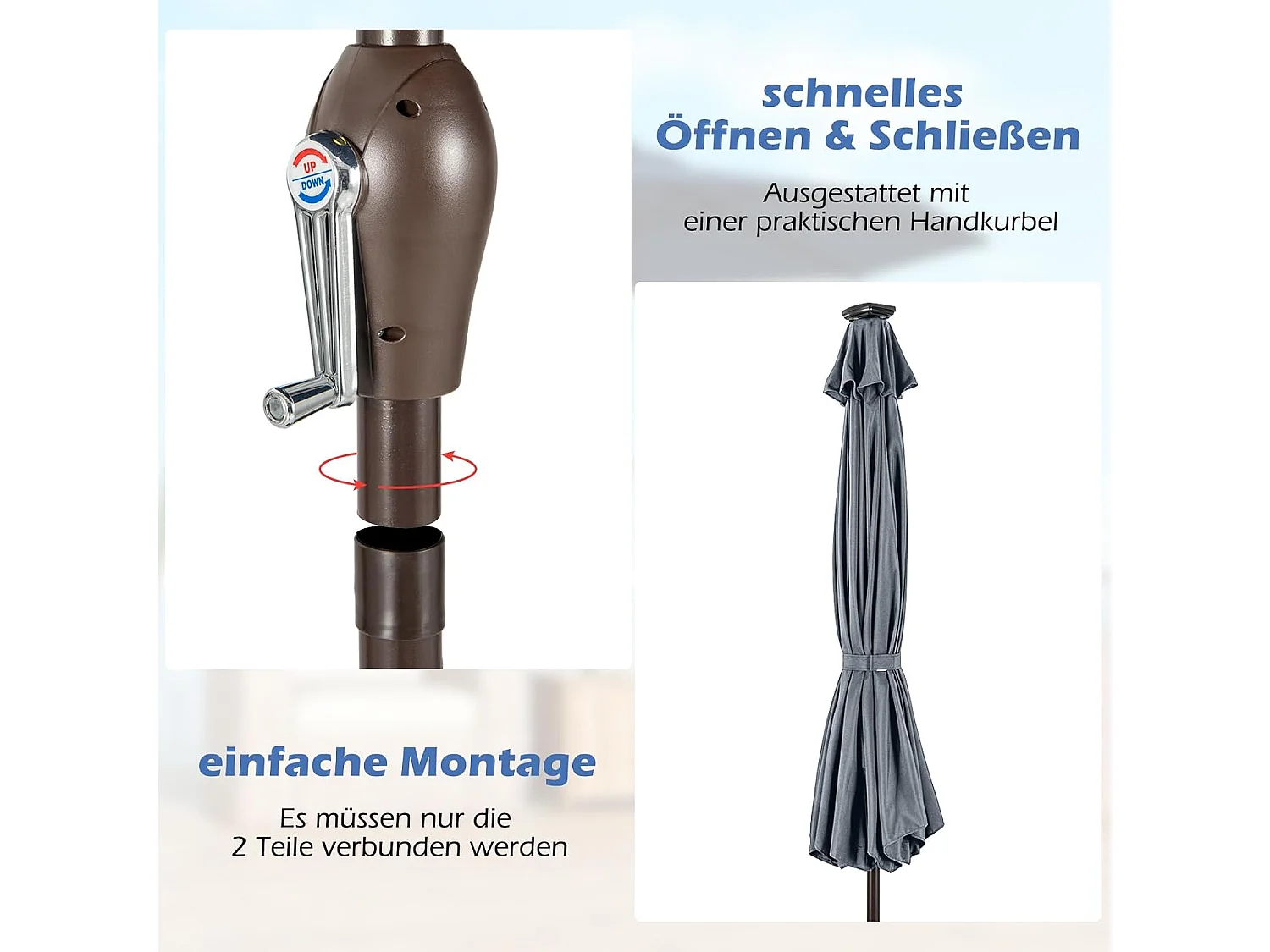 Parasol 300 cm met led-verlichting, parasolvoet niet inbegrepen, tuinparasol met zwengel, aan beide zijden 30° knikbaar, terrasparasol met 8 ribben (grijs) ZB33616