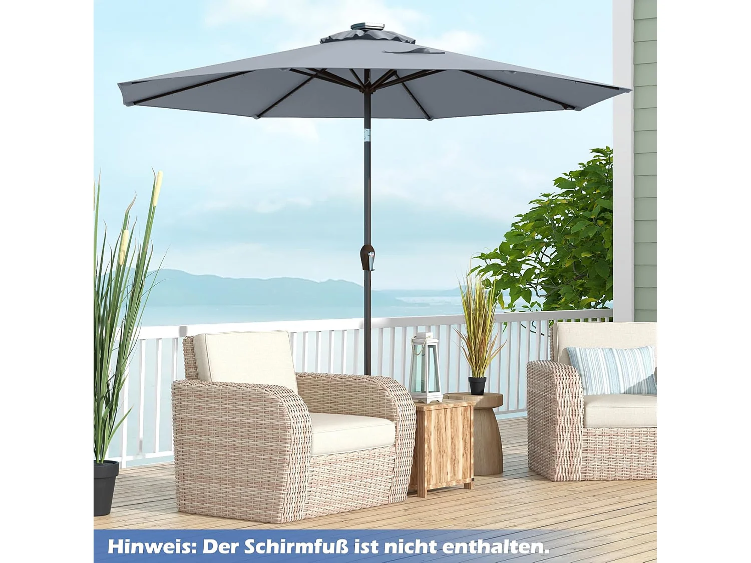 Parasol 300 cm met led-verlichting, parasolvoet niet inbegrepen, tuinparasol met zwengel, aan beide zijden 30° knikbaar, terrasparasol met 8 ribben (grijs) ZB33616