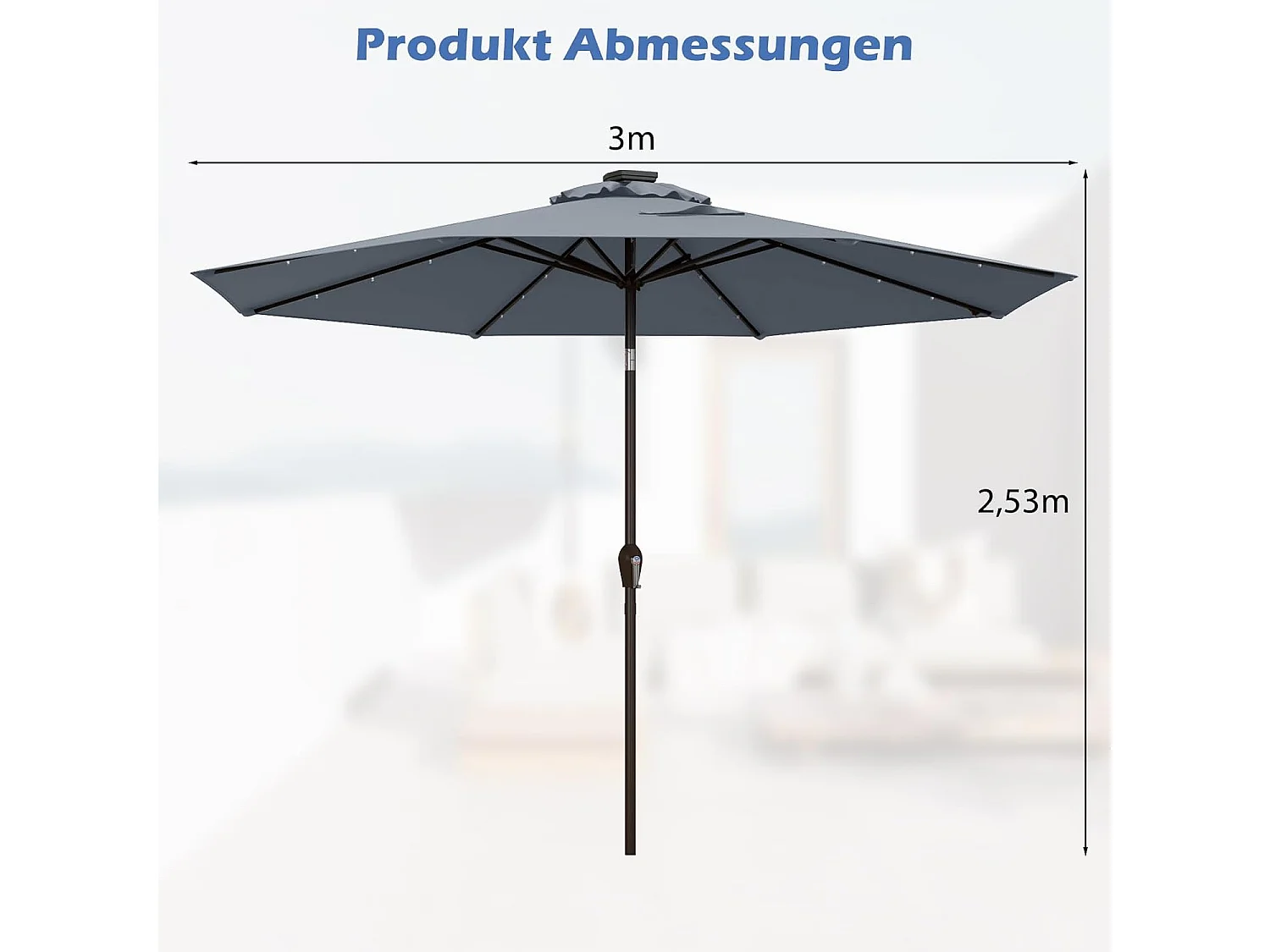 Parasol 300 cm met led-verlichting, parasolvoet niet inbegrepen, tuinparasol met zwengel, aan beide zijden 30° knikbaar, terrasparasol met 8 ribben (grijs) ZB33616