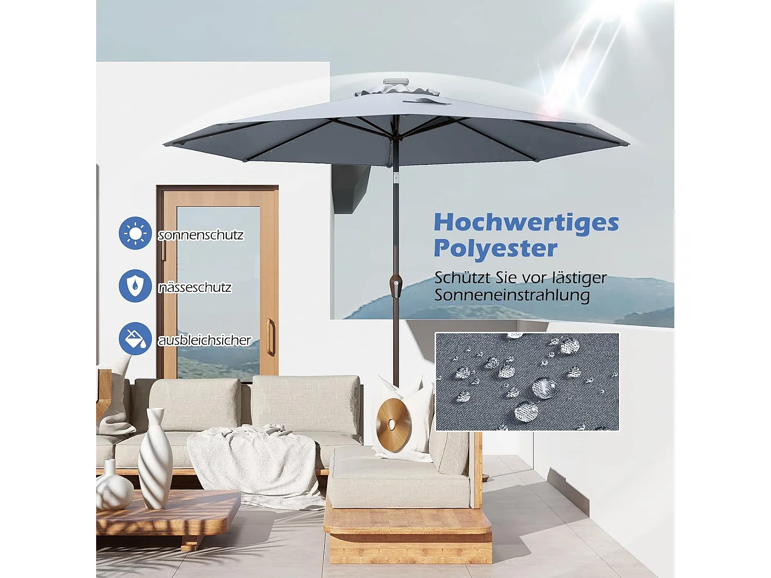 Parasol 300 cm met led-verlichting, parasolvoet niet inbegrepen, tuinparasol met zwengel, aan beide zijden 30° knikbaar, terrasparasol met 8 ribben (grijs) ZB33616