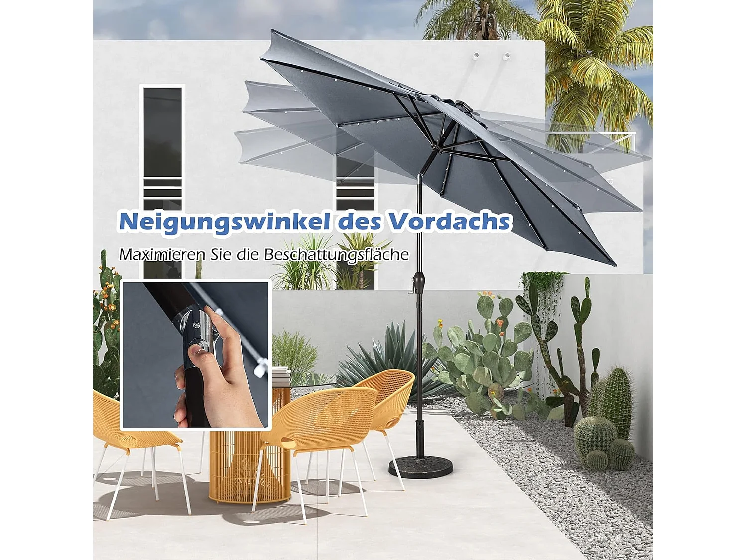 Parasol 300 cm met led-verlichting, parasolvoet niet inbegrepen, tuinparasol met zwengel, aan beide zijden 30° knikbaar, terrasparasol met 8 ribben (grijs) ZB33616