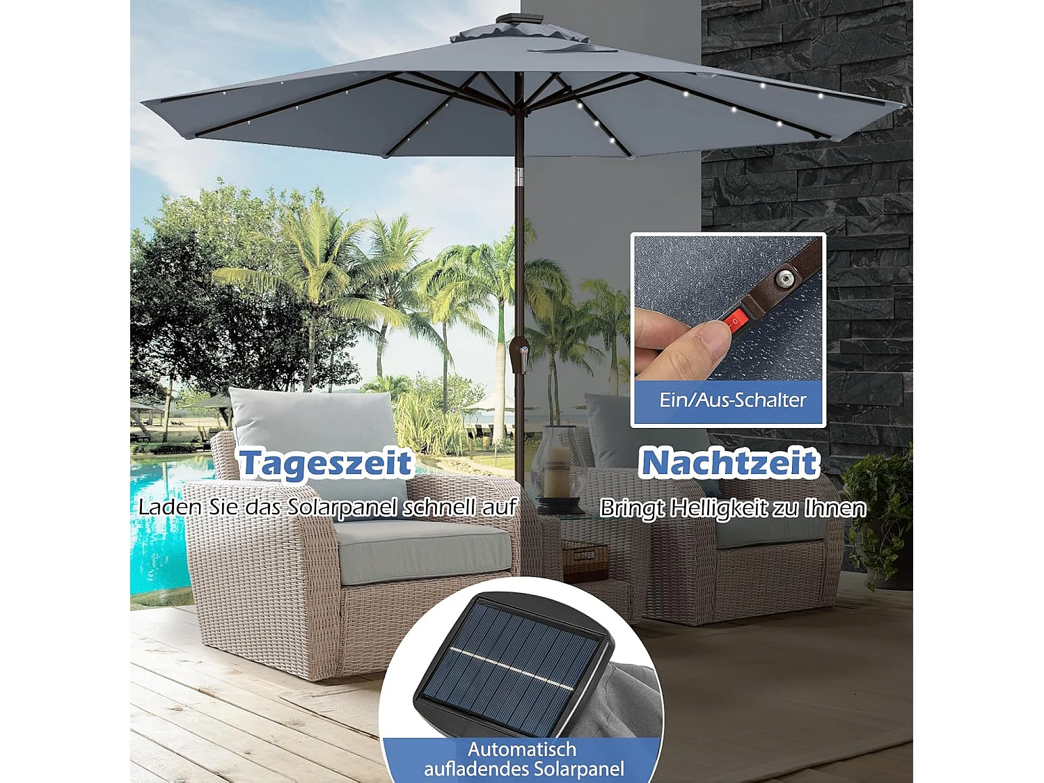 Parasol 300 cm met led-verlichting, parasolvoet niet inbegrepen, tuinparasol met zwengel, aan beide zijden 30° knikbaar, terrasparasol met 8 ribben (grijs) ZB33616