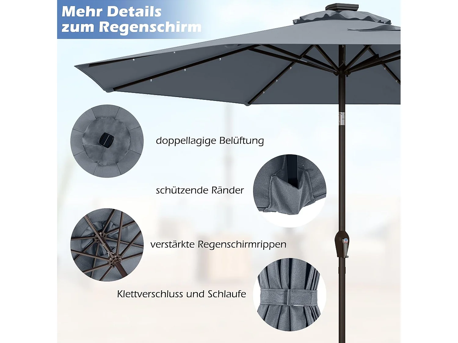 Parasol 300 cm met led-verlichting, parasolvoet niet inbegrepen, tuinparasol met zwengel, aan beide zijden 30° knikbaar, terrasparasol met 8 ribben (grijs) ZB33616