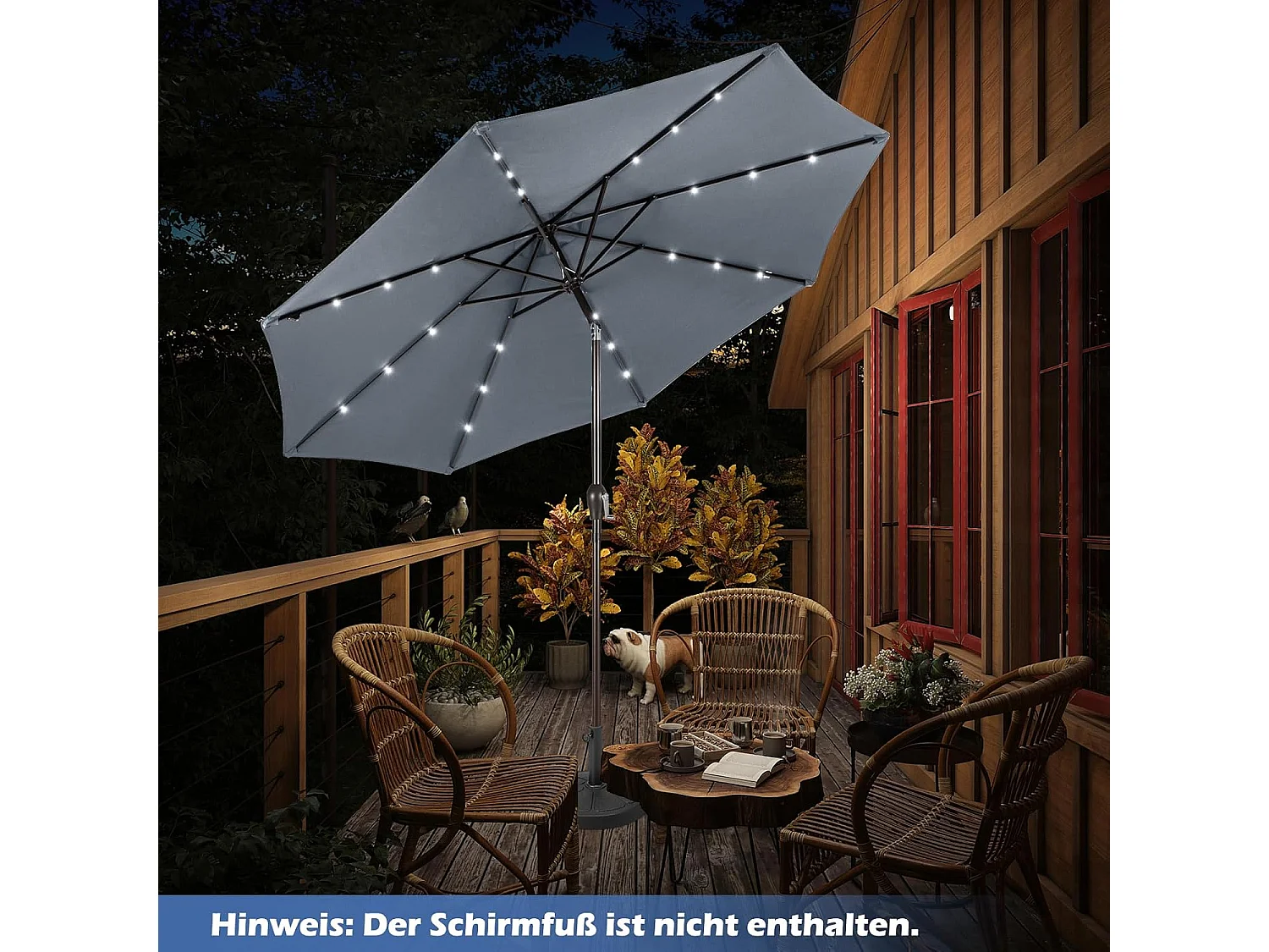 Parasol 300 cm met led-verlichting, parasolvoet niet inbegrepen, tuinparasol met zwengel, aan beide zijden 30° knikbaar, terrasparasol met 8 ribben (grijs) ZB33616