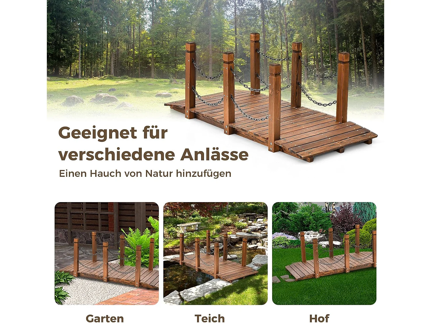 Houten brug met leuning, tuinbrug, vijverbrug, sierbrug, belastbaar tot 120 kg, decoratieve brug voor tuin, vijver, 151 x 67 x 55 cm Houten brug, sierbrug (bruin)