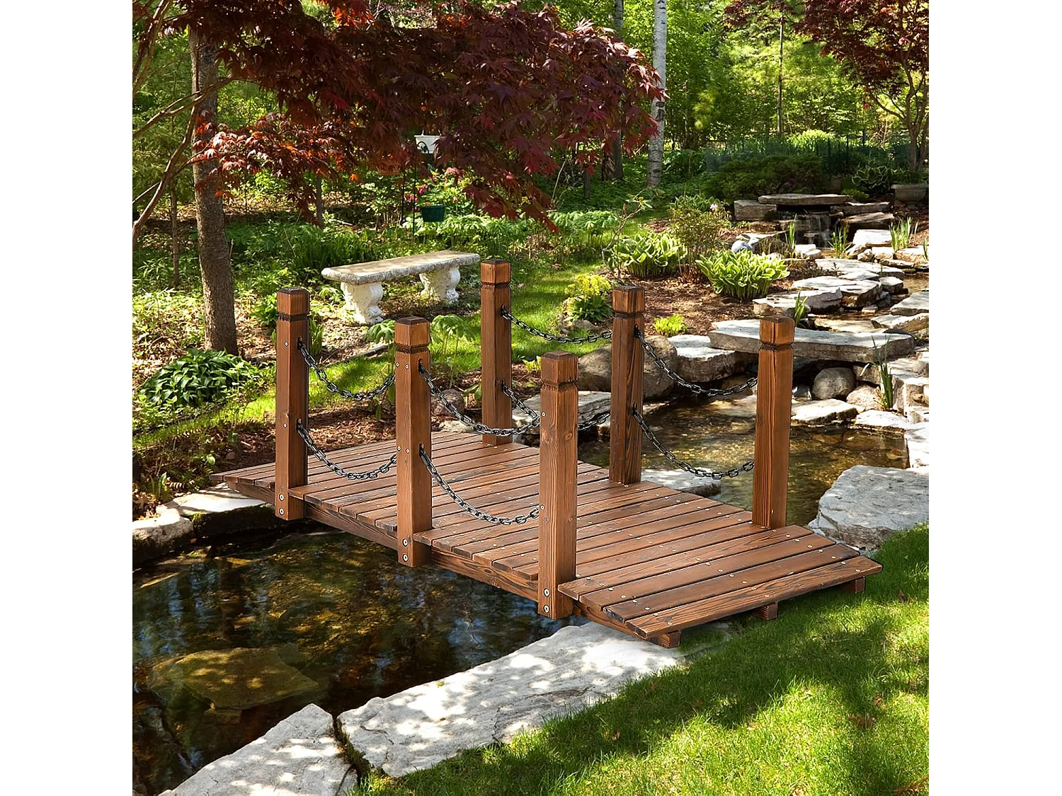 Houten brug met leuning, tuinbrug, vijverbrug, sierbrug, belastbaar tot 120 kg, decoratieve brug voor tuin, vijver, 151 x 67 x 55 cm Houten brug, sierbrug (bruin)